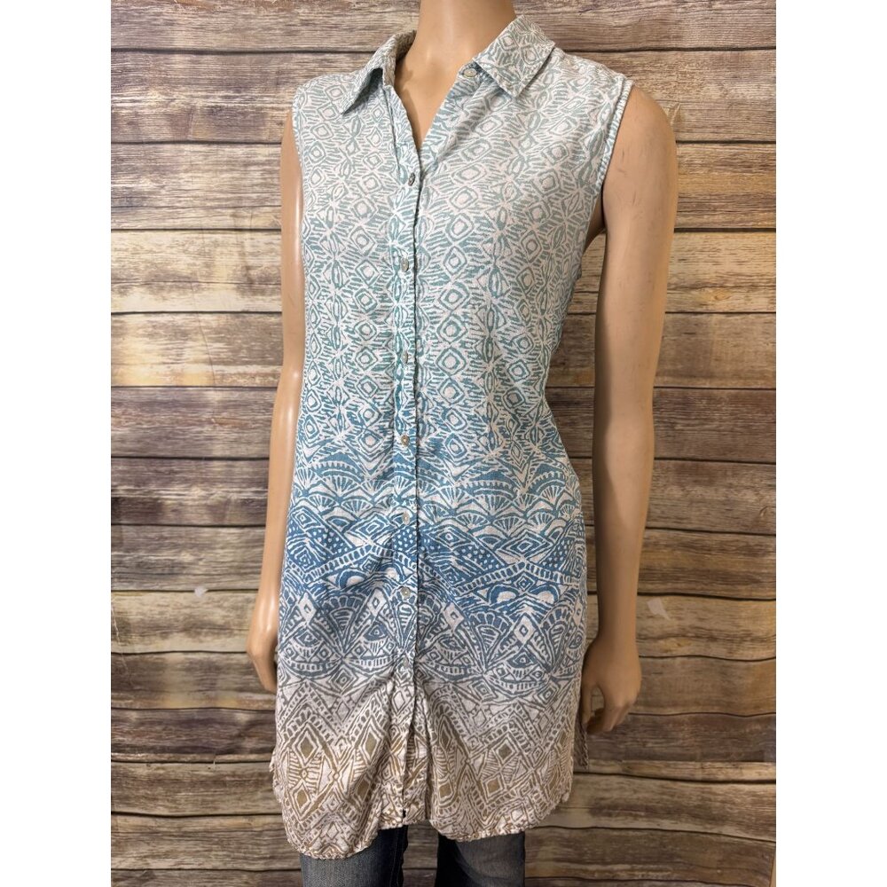Chico's Stamped Ombre Linen Side Slit Tunic size 1 S Small 8 Button Front